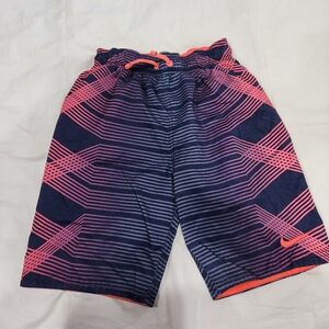 Nike Youth Boys Orange/Blue Striped Swim Trunks with Mesh Liner. Small